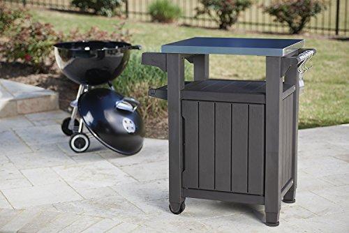Mesa Portátil de Exterior y Armario de Almacenamiento Keter Unity con Ganchos para Accesorios de Parrilla - Superficie Superior de Acero Inoxidable para Isla de Cocina de Patio o Carrito de Bar, Color Espresso Brown