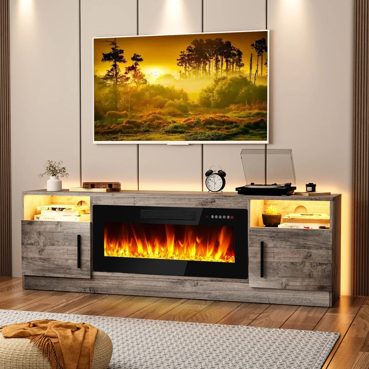 Bossin 70 Fireplace TV Stand with 36 Electric Fireplace, TV Stand for TVs Up to 80, 16 Colors LED Lights/Entertainment Center