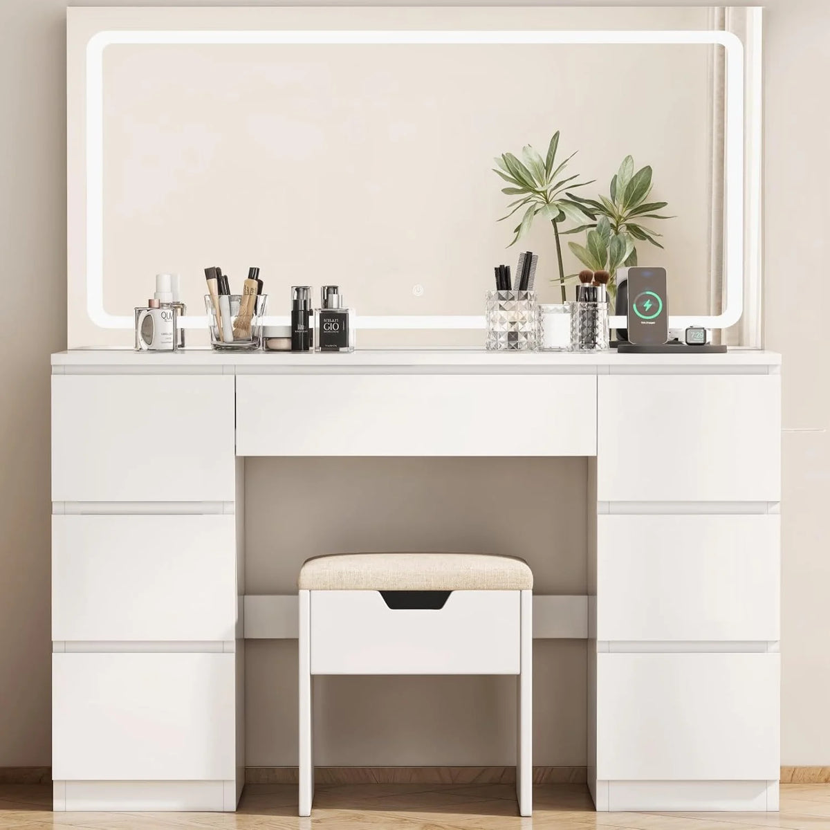 TRIUMPHKEY Coiffeuse avec Miroir et Tabouret Table de Maquillage avec Miroir LED Grand Format à Luminosité Réglable, 7 Tiroirs et Prise de Courant, Meuble de Maison, Blanc