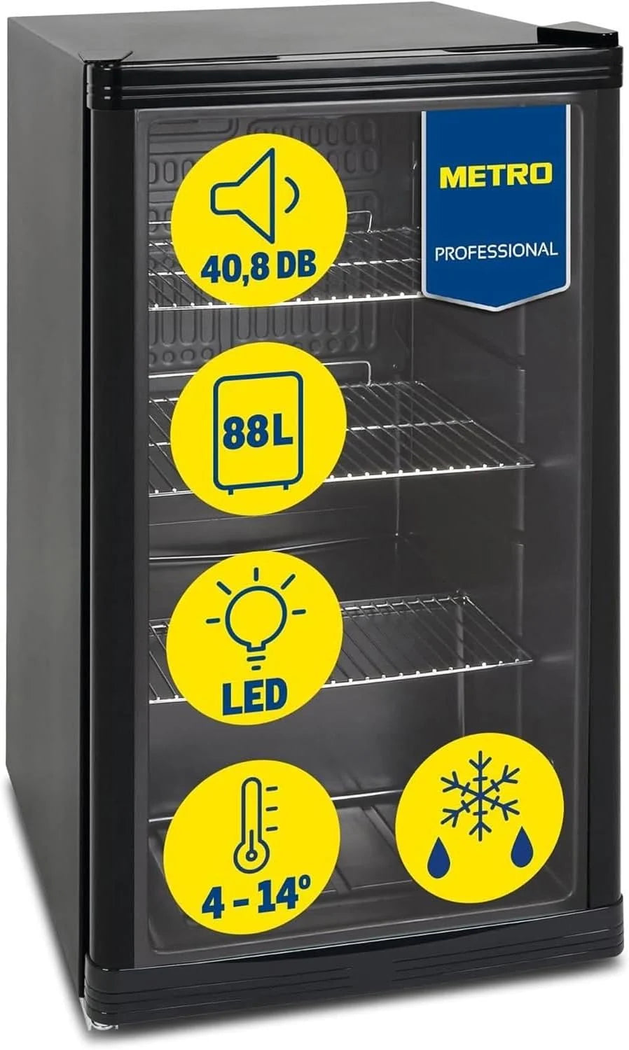 METRO Professional Réfrigérateur à boissons GPC1088, métal/verre, 43 x 49 x 83 cm, 88 L, réfrigération statique, noir(Noir/Transparent)