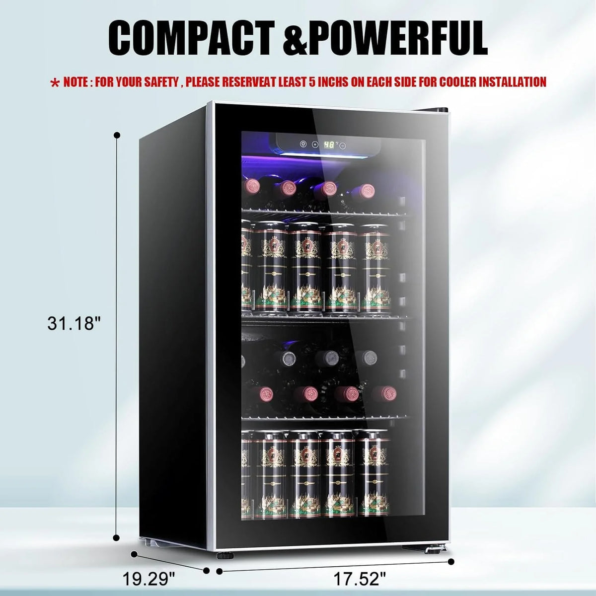 Antarctic Star Enfriador de Vino para 36 Botellas / Refrigerador de Bebidas, Mini Bodega, Refrigerador para Cerveza y Refrescos, Operación Silenciosa con Compresor, Temperatura Ajustable, Independiente, Color Negro, 4.4 pies cúbicos