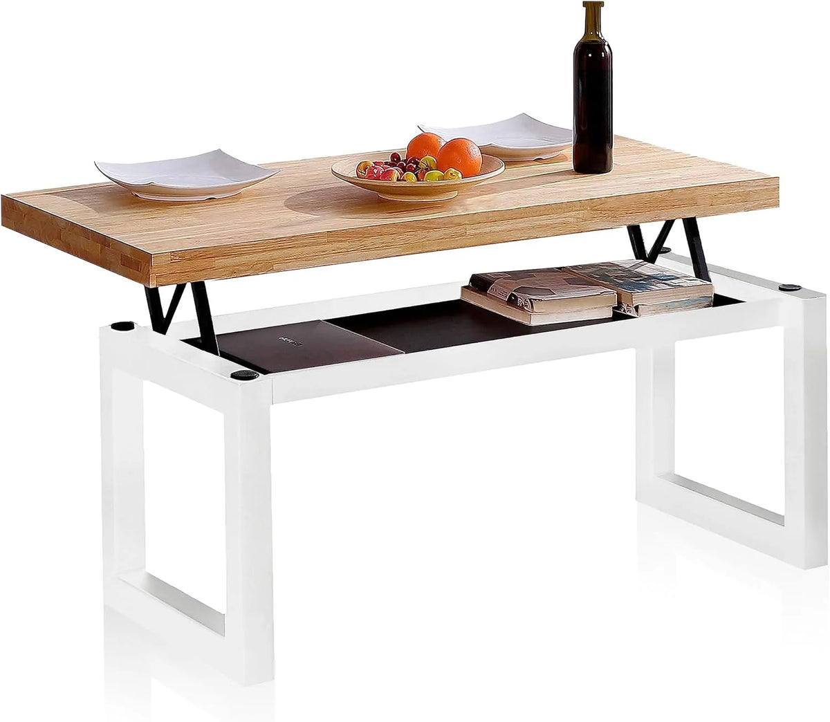 Duehome | Loft, Lifting Coffee Table, Dining Table, Oak and White Finish, Measures: 120 cm (L) x 60 cm (W) x 47.5/62 cm (H)