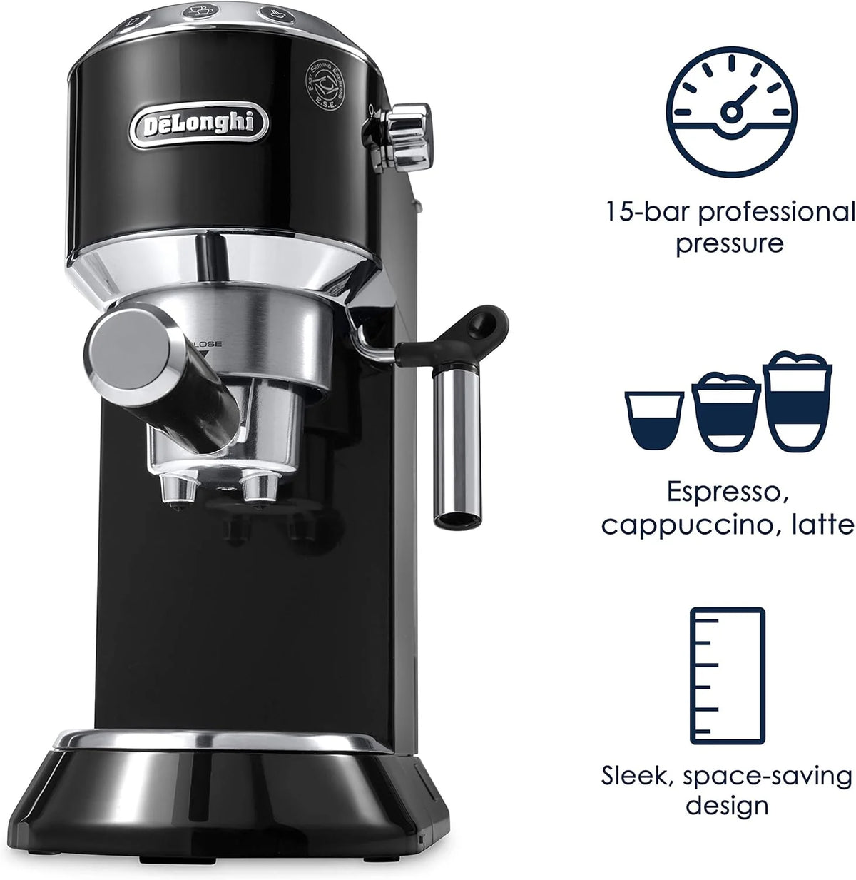 De'Longhi Dedica Espresso Machine, Coffee and Cappucino Maker with Milk Frother, Metal / Stainless, Compact Design 6 in Wide, Fit Mug Up to 5 in, EC680M
