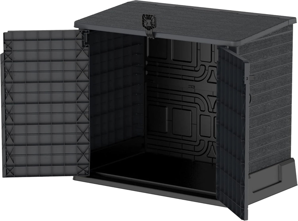 Duramax StoreAway 1200L Plastic Garden Shed/ Flat Lid, Outdoor Storage Shed, Wheelie Bin Hideaways, Wheelie bin box, Durable Construction, Ideal for Bikes, BBQs & 2x 240L Bins, 145x85x125 cm, Brown